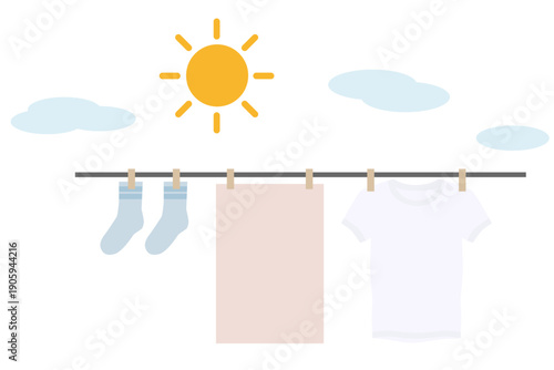 太陽の下でTシャツ・タオル・靴下を干す洗濯イラスト｜清潔・家事・乾燥