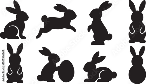 A charming set of black rabbit and bunny silhouettes in various poses, including one with an Easter egg