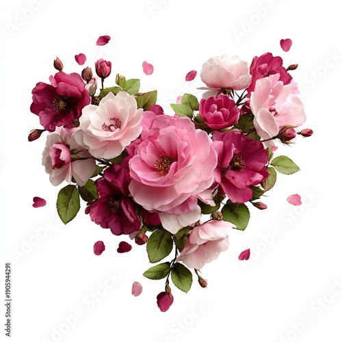 Floral heart arrangement with pink and magenta roses, buds, and falling petals isolated on white.