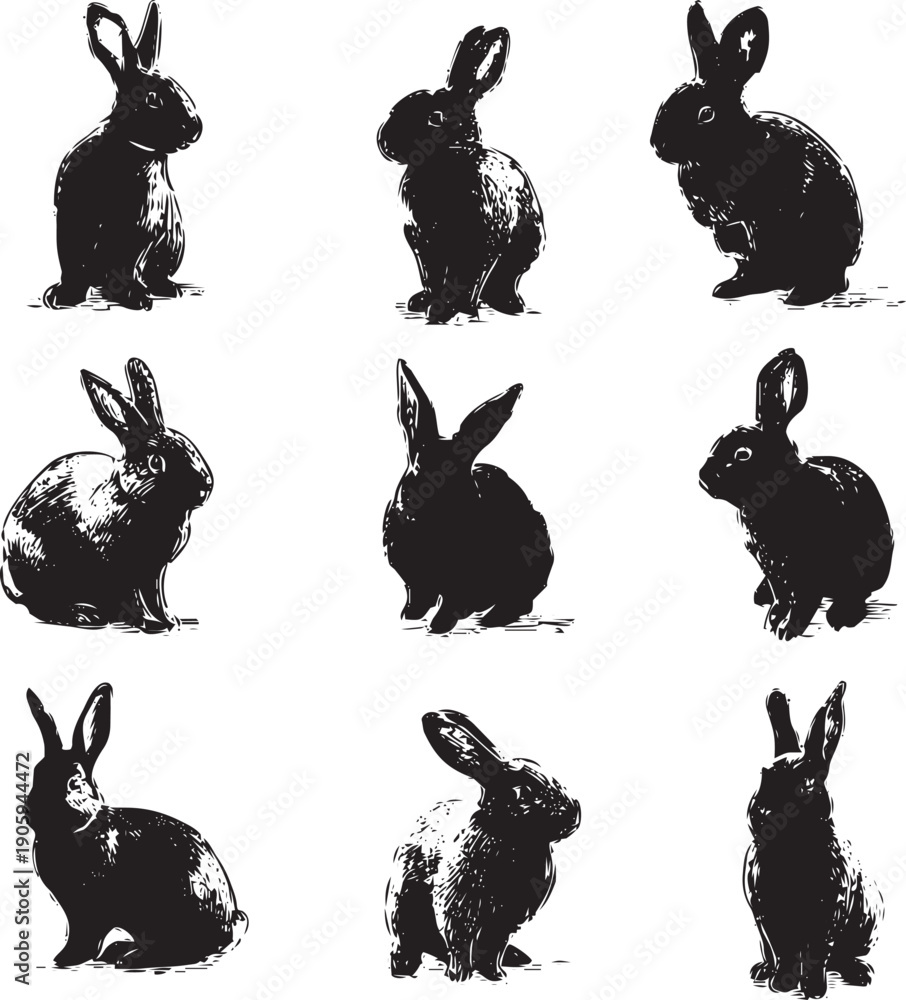Obraz premium Black and white rabbit silhouettes set isolated on white background minimalist animal art collection 