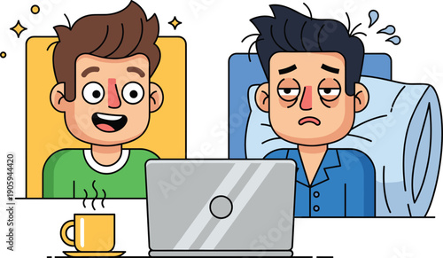 Comparison of Morning Person and Tired Night Owl Character Working on Laptop with Coffee Cup and Pillow for Productivity and Wellness Concepts