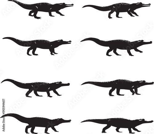 Silhouette crocodile running sequence animation frames black white motion prehistoric creature vector illustration minimalist design
