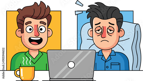 Comparison of Productive Morning Person with Coffee and Exhausted Night Worker in Pajamas at Laptop Symbolizing Circadian Rhythm, Work Habits, and Sleep Deprivation