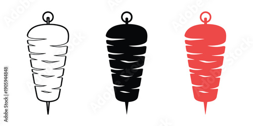 Kebab meat on skewer icon set including linear, solid, and  styles, vector graphics for street food, restaurant menus, Mediterranean cuisine, kebab, and culinary illustration 