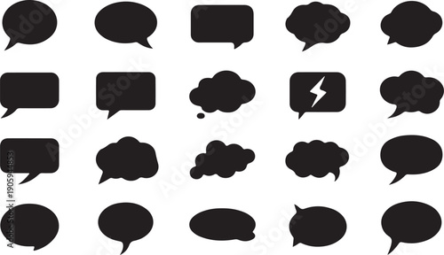 A comprehensive collection of black speech and thought bubble icons for communication and dialogue representation