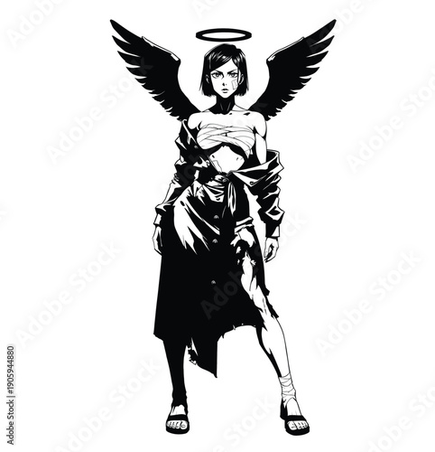 Dark angel with wings halo and bandages