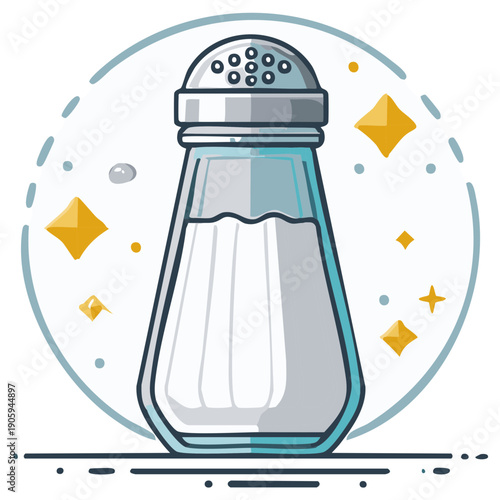 Classic glass salt shaker with metal cap filled with white granules and sparkling decorative elements