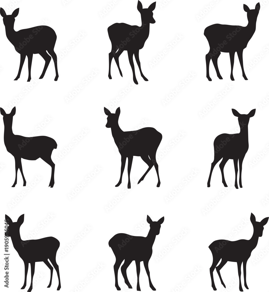 Fototapeta premium Silhouette of deer family set in nine growth stages isolated on white background minimalist art illustration