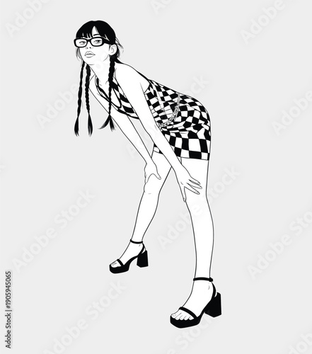 Girl in pigtails and checkered dress vector