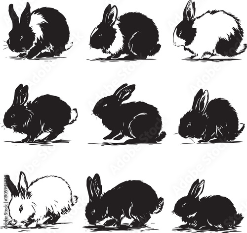 Black and white rabbit silhouette set jumping sitting running eating grass minimalist animal art vector illustration
