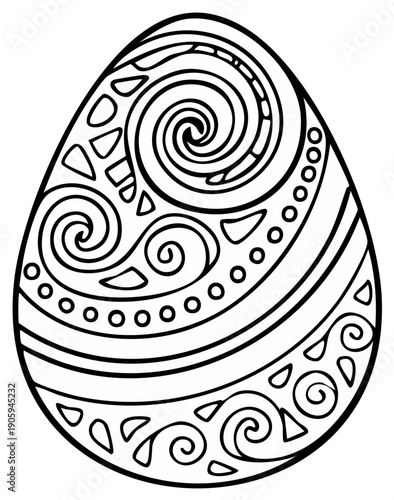 Decorative Easter egg coloring page with hand drawn abstract swirl and spiral patterns
