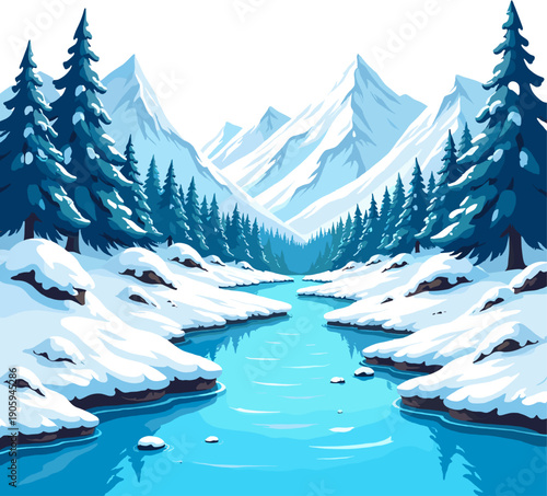 Snowy mountain river landscape with icy water, winter forest, frozen mountains and peaceful arctic scenery