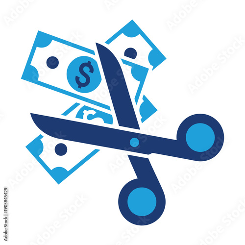 Blue vector icon of scissors cutting through dollar bills