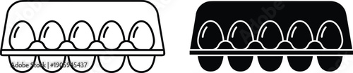 Stylized egg carton icons showing six eggs in outline and silhouette styles with highlights for packaging and culinary design