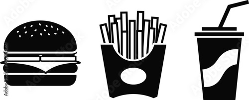 "Black and white fast food icon collection featuring hamburger, french fries, and soft drink cup with straw for restaurant, menu, and branding projects"
