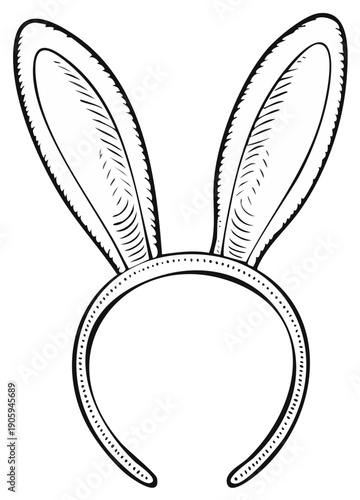 Hand drawn black and white bunny ear headband line art