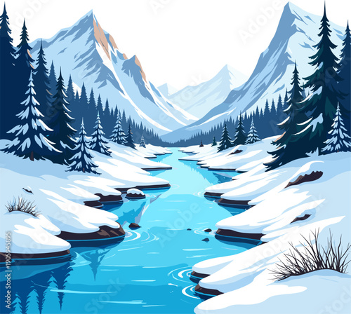 Snowy mountain river landscape with icy water, winter forest, frozen mountains and peaceful arctic scenery
