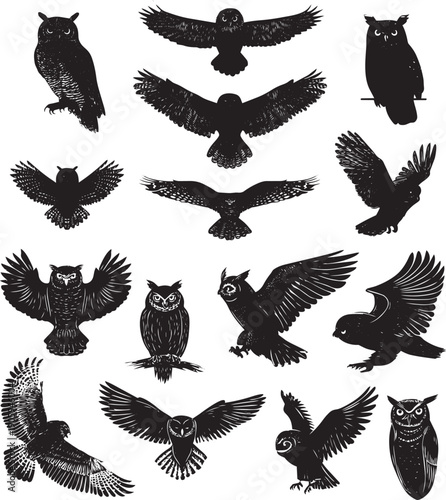 Flying owl collection black and white vector illustration set nocturnal birds in flight wildlife nature design elements
