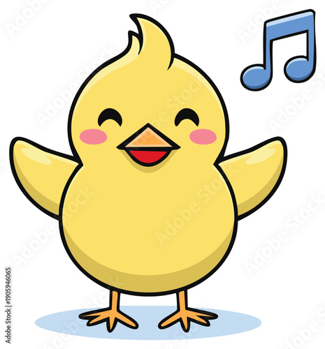 Cute Happy Yellow Cartoon Chick Singing with Cheerful Musical Note Illustration