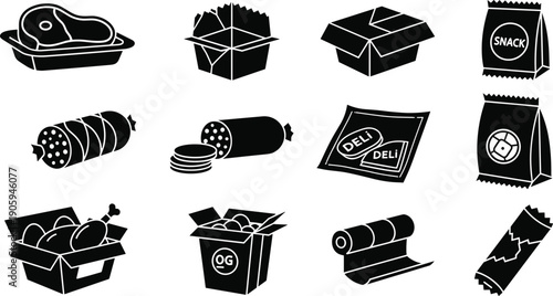 "Black silhouette food packaging icon collection featuring deli meats, snack bags, takeout boxes, candy bars, trays, and rolls for retail, restaurant, and branding projects"