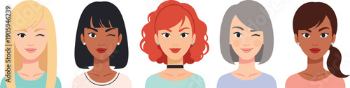 Diverse Beautiful Women Avatar Set with Different Hairstyles and Ethnicities Featuring Winking and Smiling Expressions for Social Media Profiles and User Interface Design