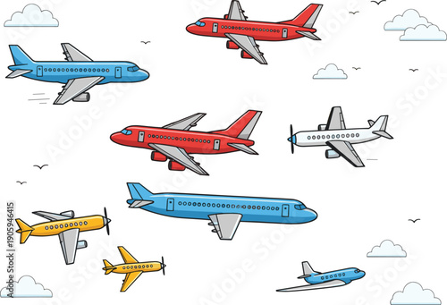 Diverse Collection of Commercial Airplanes and Private Jets Flying Through Clouds for Travel Agencies, Aviation Logistics, and Global Tourism Industry Graphics