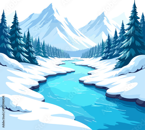 Snowy mountain river landscape with icy water, winter forest, frozen mountains and peaceful arctic scenery