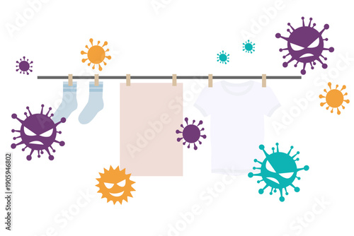 花粉が洗濯物に付着するイラスト｜杉花粉・アレルギー対策と春の環境問題