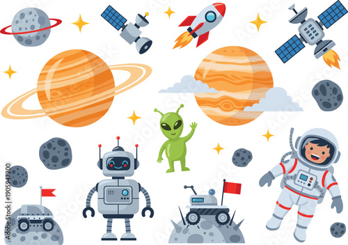 Flat Vector Space Exploration Icon Set Featuring Astronaut, Alien, Robot, Rocket Ship, Planets, Satellites, and Moon Rover for Science Education and Galaxy Backgrounds
