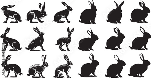 Set of 16 black silhouette rabbits in various poses isolated on white background vector illustration
