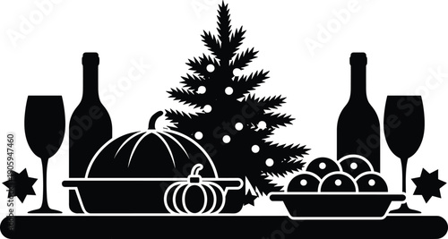 Christmas dinner table silhouette illustration, festive holiday meal with turkey wine glasses and decorated tree, winter celebration vector white background
