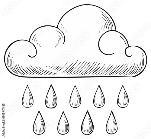 Hand drawn outline cloud with falling rain droplets illustrating weather and precipitation