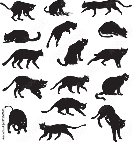 Set of black panther and wild cat silhouettes running jumping and sitting vector illustration isolated on white background
