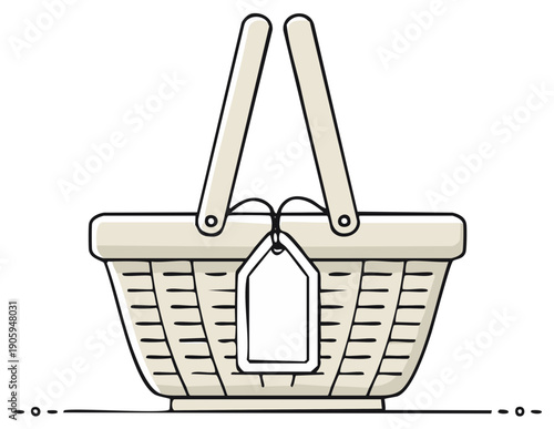 Simple line art illustration of an empty wicker shopping basket with a blank tag