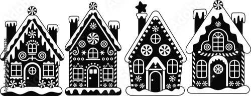 Gingerbread house silhouettes illustration, festive Christmas cookie cottages with icing details, holiday dessert village vector isolated white background design