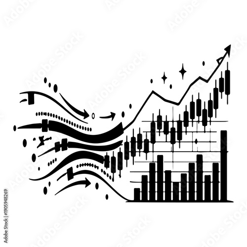 Dynamic stock market growth and bullish momentum concept; vector illustration of rising candlestick charts with flowing motion lines representing financial success and trading gains.