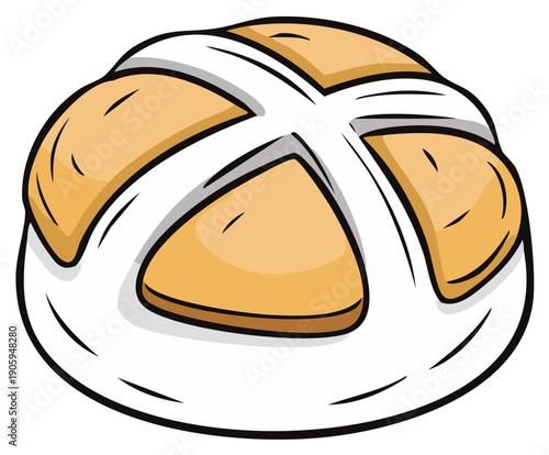 A single traditional hot cross bun with a white cross, isolated vector illustration for Easter celebration