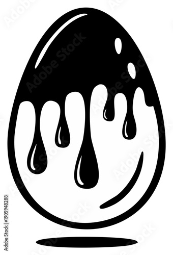 A simple black and white vector illustration of an egg covered in dripping melted chocolate or paint