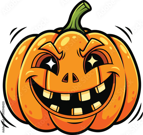 Happy Carved Halloween Jack-O'-Lantern Pumpkin with Glowing Eyes and Toothy Smile for Spooky Seasonal Decor, Fall Festivals, and Holiday Greeting Card Designs