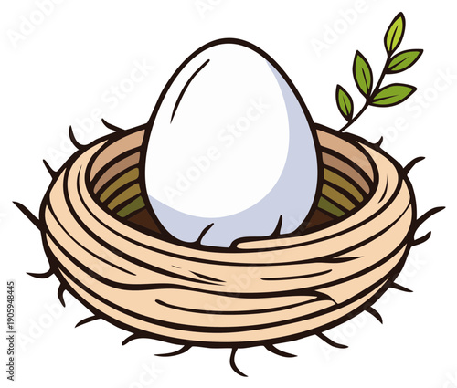 Cartoon nest with a white egg and green leaves, springtime illustration