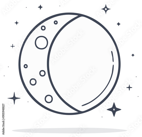Crescent Moon with Craters and Stars, Celestial Vector Illustration, Space and Astronomy Design Element