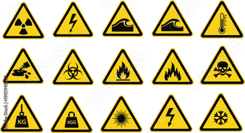 Vector Set of Yellow Warning Triangle Icons Featuring Industrial Hazard Symbols for High Voltage Radiation Biohazard Toxic Flammable Poison and Occupational Safety Site Signage