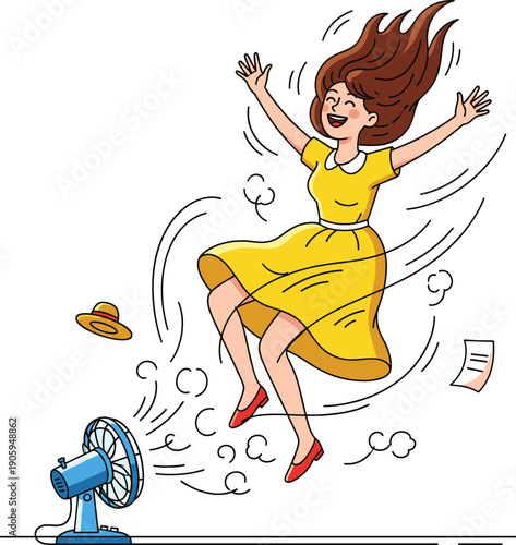 Happy Young Woman in Yellow Dress Feeling Refreshed by a Powerful Electric Fan During a Summer Heatwave for Cooling, Comfort, and Air Conditioning Concepts