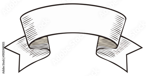 Engraved vector banner ribbon with tails and hatching for text and graphic content.