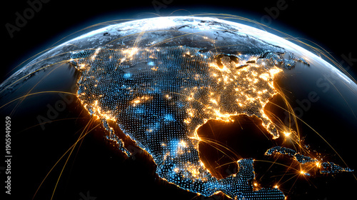 Futuristic digital globe showing glowing network connections and data flow over North America.