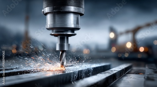 A milling machine cuts metal while producing sparks in an industrial setting