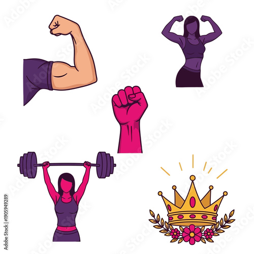 A vector graphic illustration of a strong woman lifting weights and flexing her muscles with a crown and flowers