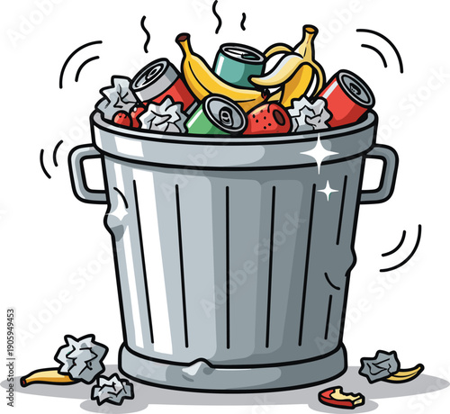 Metal Garbage Bin Full of Food Waste Aluminum Cans and Crumpled Paper Representing Pollution Recycling Issues Environmental Waste and Urban Sanitation Vector Illustration