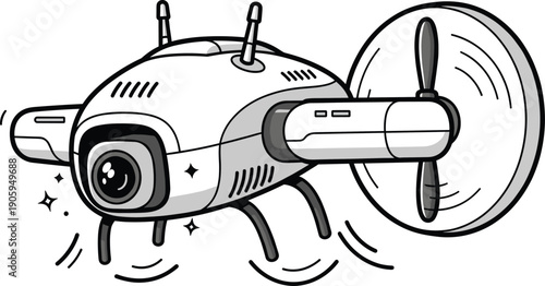 Modern Drone with Camera Lens and Spinning Propeller Vector Illustration for Technology, Surveillance, Aerial Photography, Delivery, and Innovation Concepts