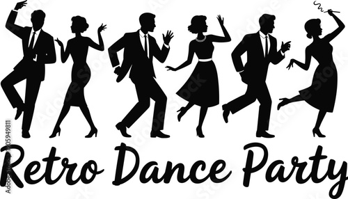 Retro dance party silhouettes illustration, vintage couples dancing rock and roll style, 1950s celebration black vector isolated white background design